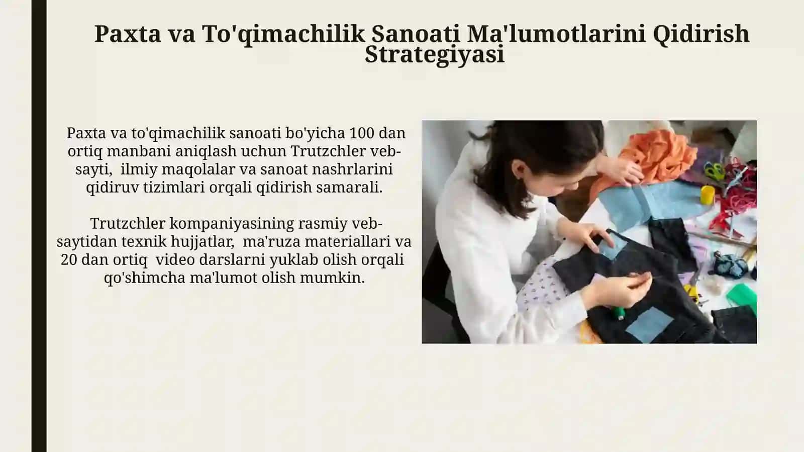 Internet orqali paxta va toqimachilik sanoatiga oid materiallar toplash Trutzchler 4