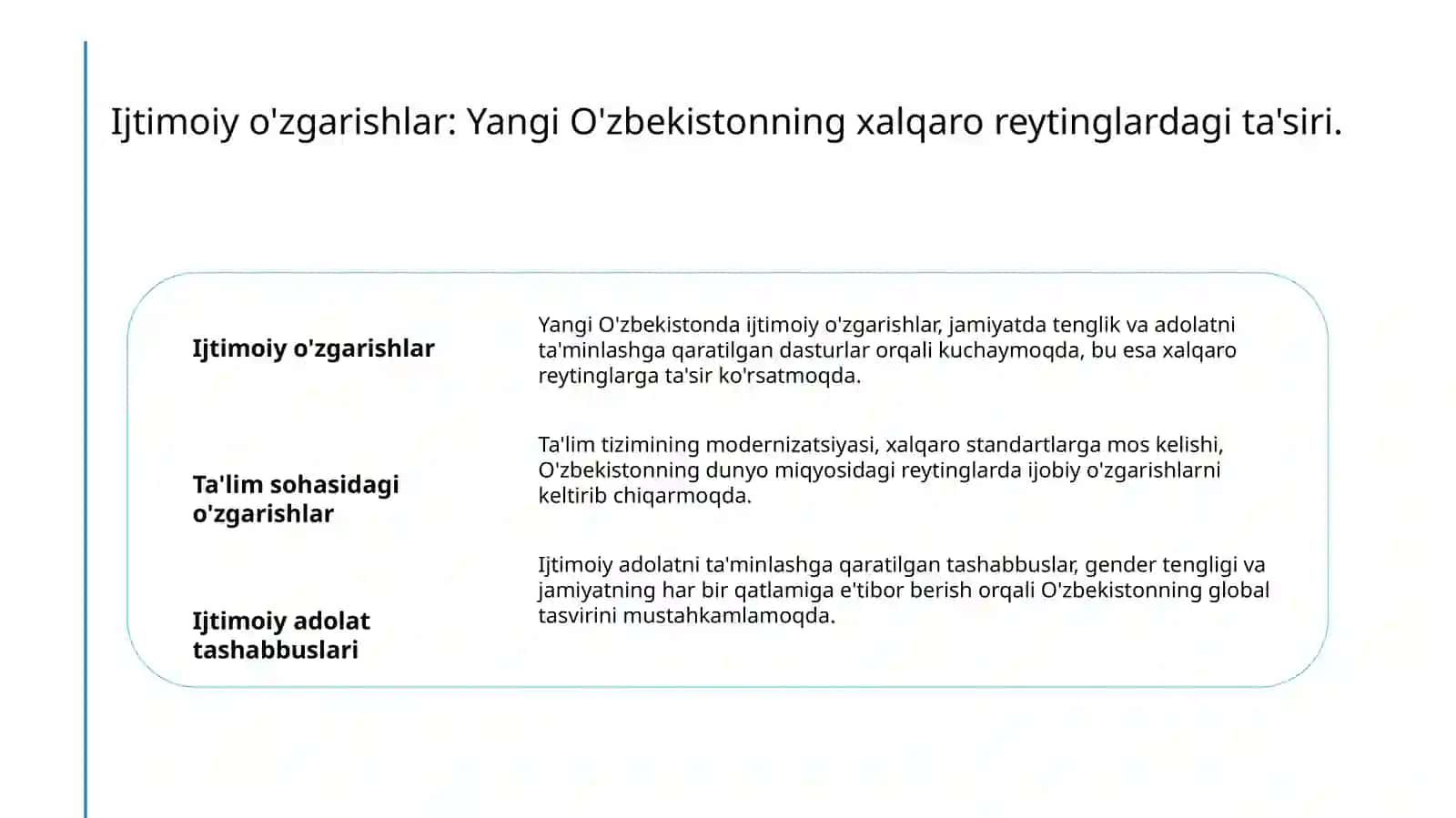 Yangi O'zbekiston ijtimoiy-siyosiy, iqtisodiy va madaniy hayotida ro'y berayotgan o'zgarishlarning xalqaro reyting va indekslarda aks etishi 4