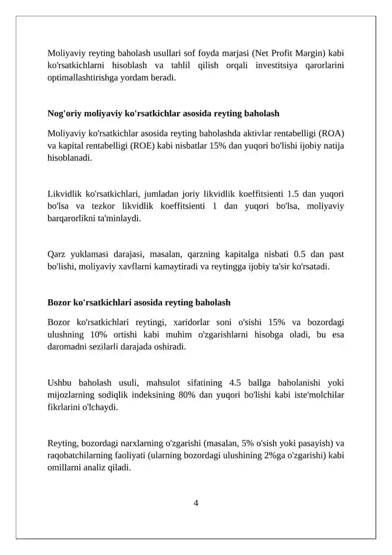 Korxona Faoliyati Reytingining Turlari, Mohiyati va Baholash Usullari 4