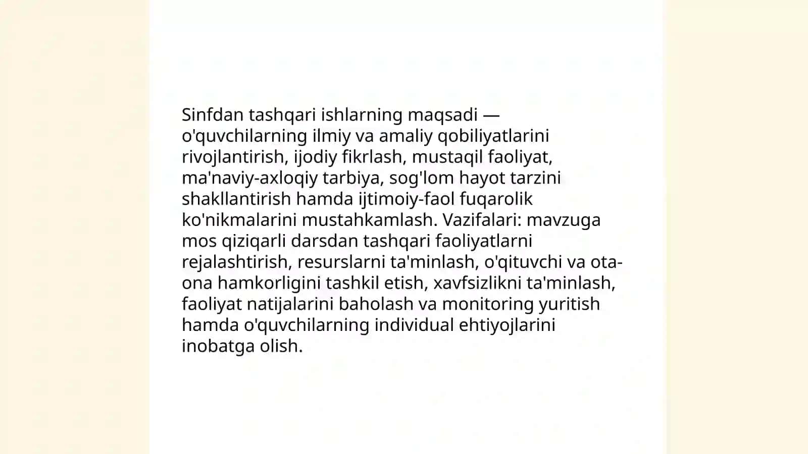 Sinfdan tashqari ishlarni tashkil qilish va o'tkazish metodikasi fani - o'quv fan sifatida 4