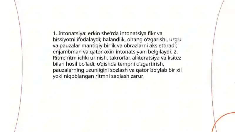 Barmoq va erkin she'r tizimidagi matnlarni badiiy o'qish. 4
