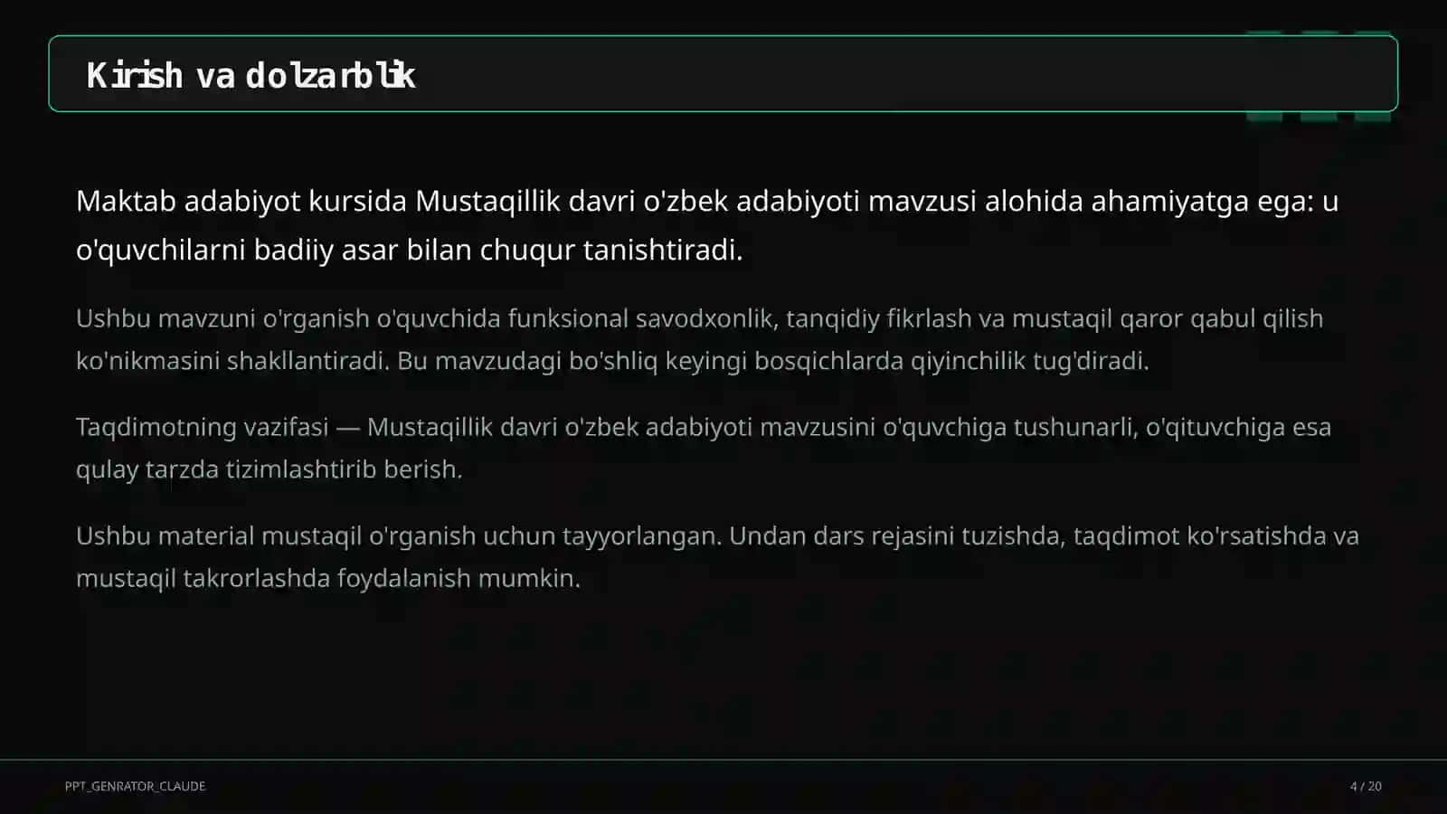 Mustaqillik davri o'zbek adabiyoti (11-sinf) 4