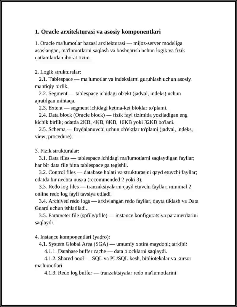 ORACLE MA'LUMOTLAR BAZASINI BOSHQARISH TIZIMLARINING ISHLASH TEXNOLOGIYASI 4