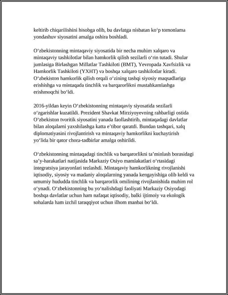 O‘zbekistonning Markaziy Osiyoda Tinchlik va Barqarorlikni Ta'minlashdagii O'rni 4
