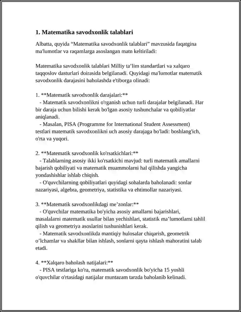REFERAT Mavzu: PISA XALQARO BAHOLASH DASTURIDA MATEMATIK SAVODXONLIK ÒQISH SAVODXONLIGI TABIIY ILMIY SAVODXONLIK VA KREATIV FIKRLASH YÒNALISHLARIDAGI TOPSHIRIQLAR VA SAVOLLARNI TUZISHGA QUYILGAN TALABLAR VA BAHOLASH MEZONI 4