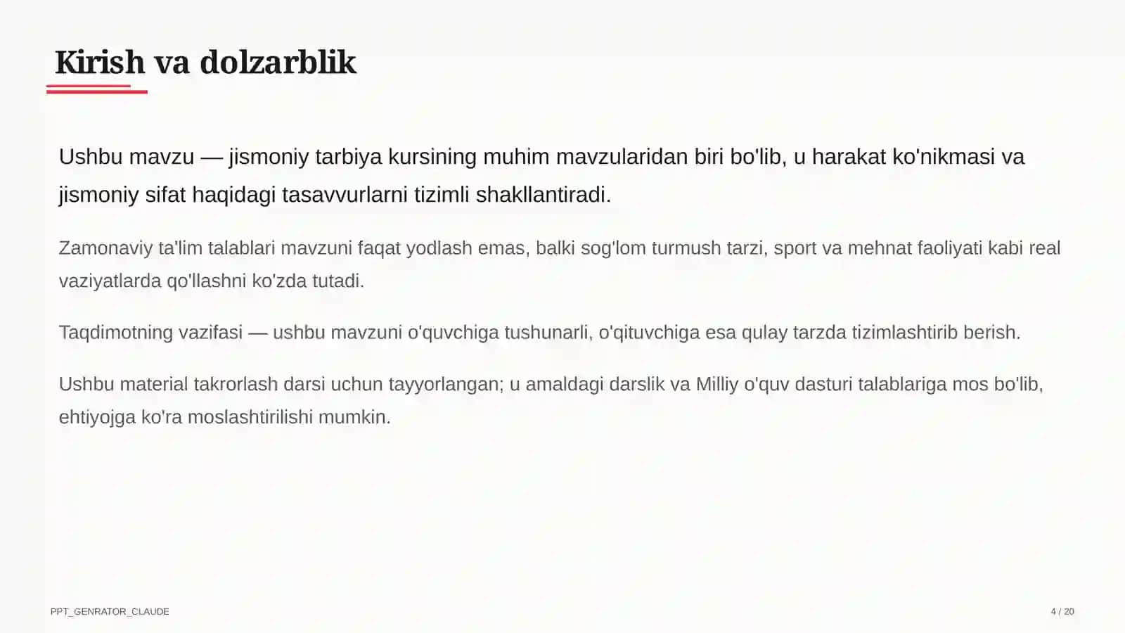 Jismoniy tarbiya (1–11) - takrorlash darsi 4