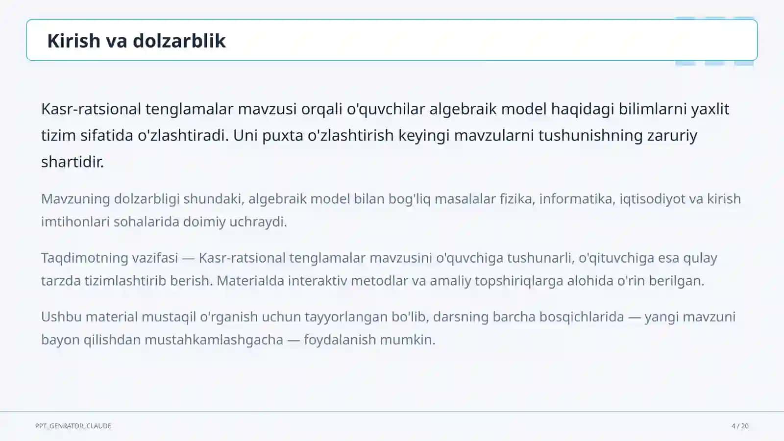 Kasr-ratsional tenglamalar (8-sinf) 4