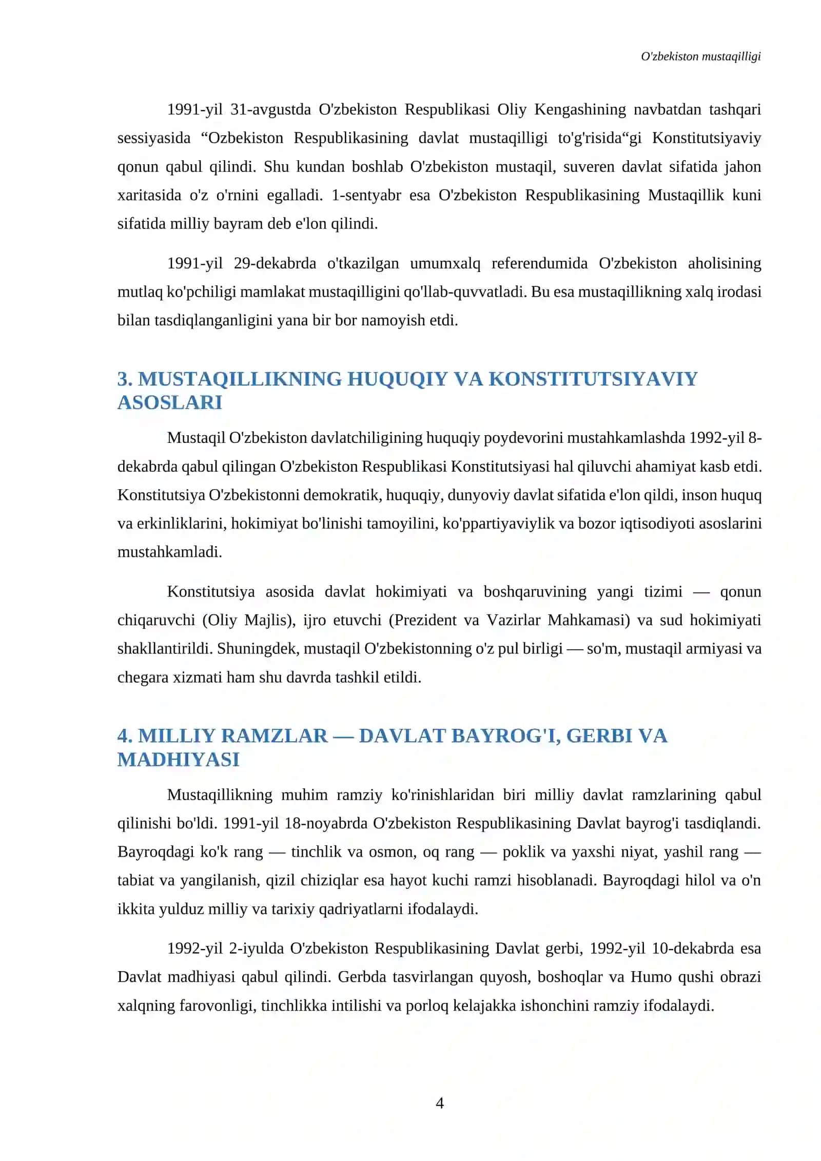 Referat OʻZBEKISTON mustaqilligi haqida 4