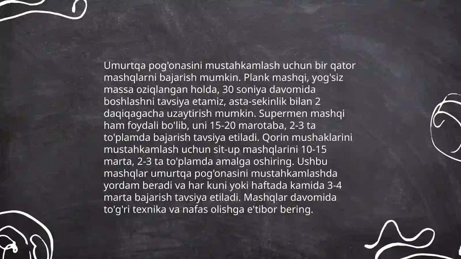 Jismoniy mashqlar yordamida qomadni togirlashning asosiy usullari 4