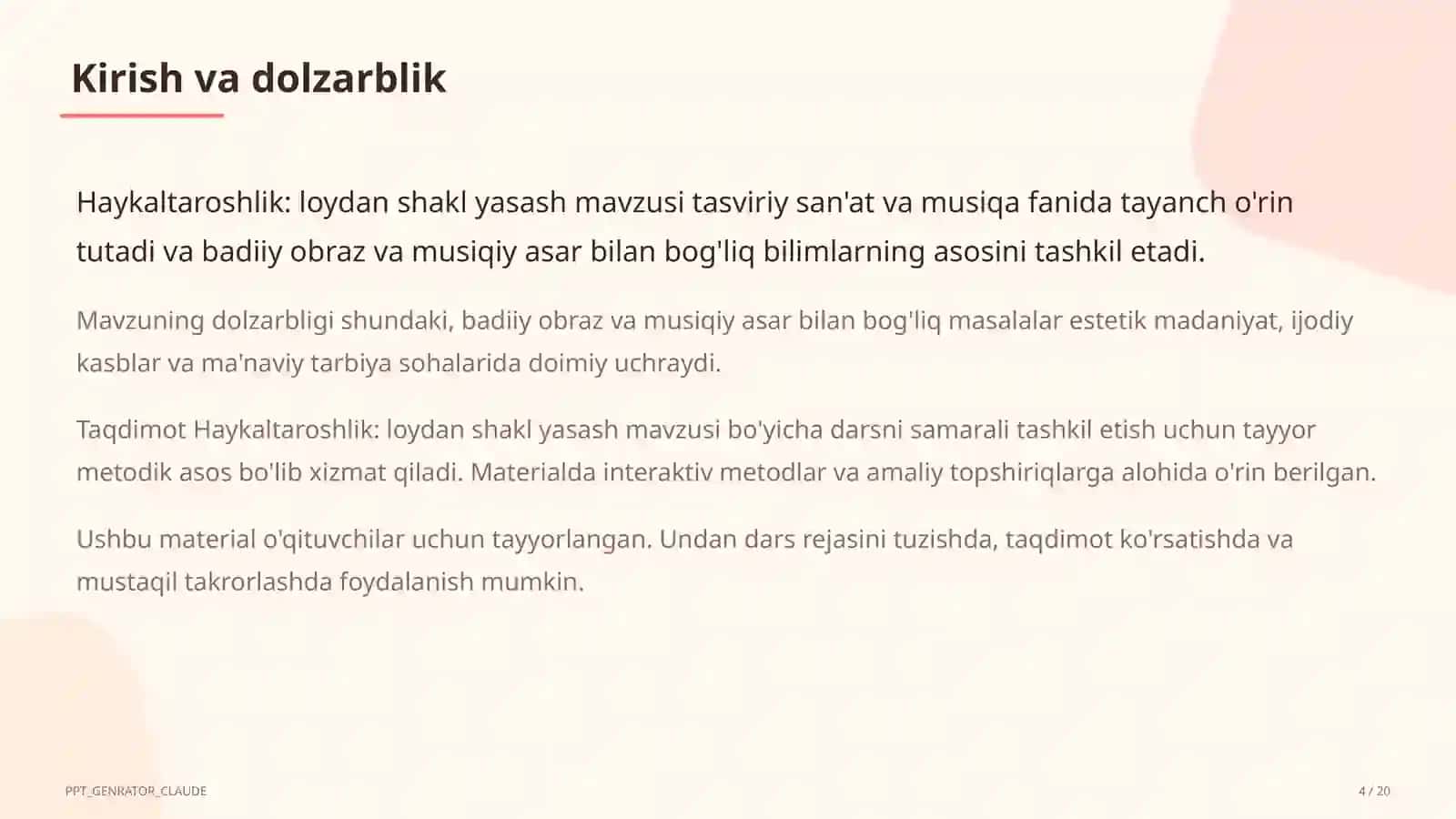 Haykaltaroshlik: loydan shakl yasash (4-sinf) Tasviriy san'at va musiqa (1–7) — o'qituvchilar uchun 4
