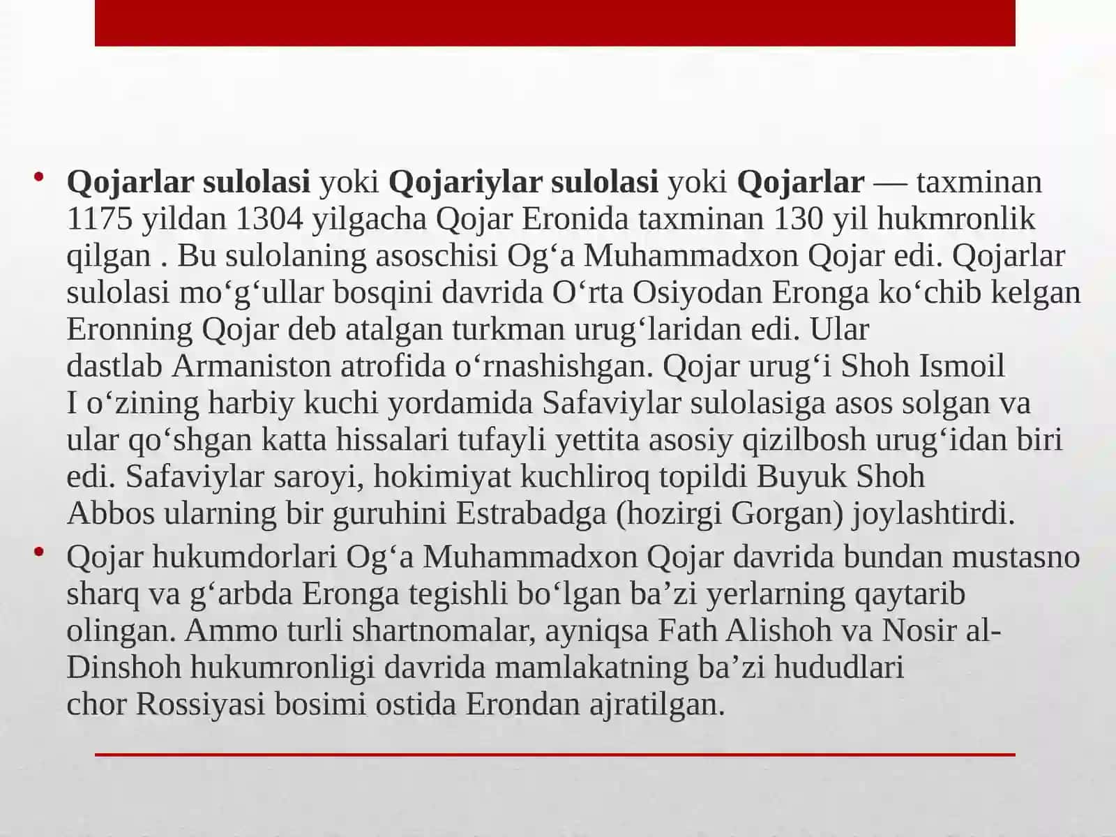 Qojarlar sulolasi hukmronligining o`rnatilishi 4