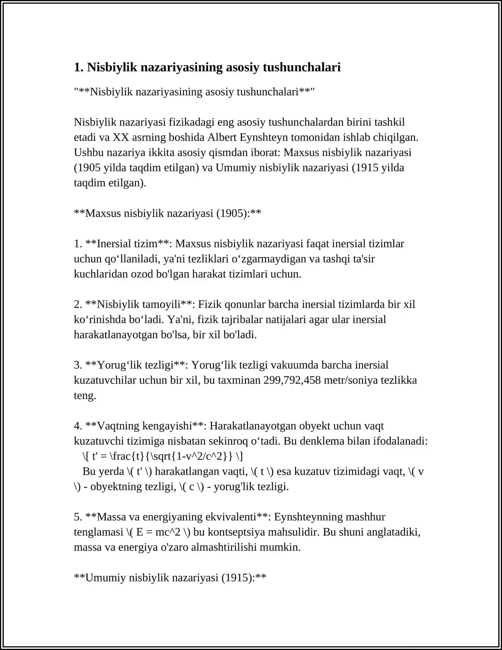 Nisbiylik nazariyasi elementlari va reliativistik dinamika elementlari 4