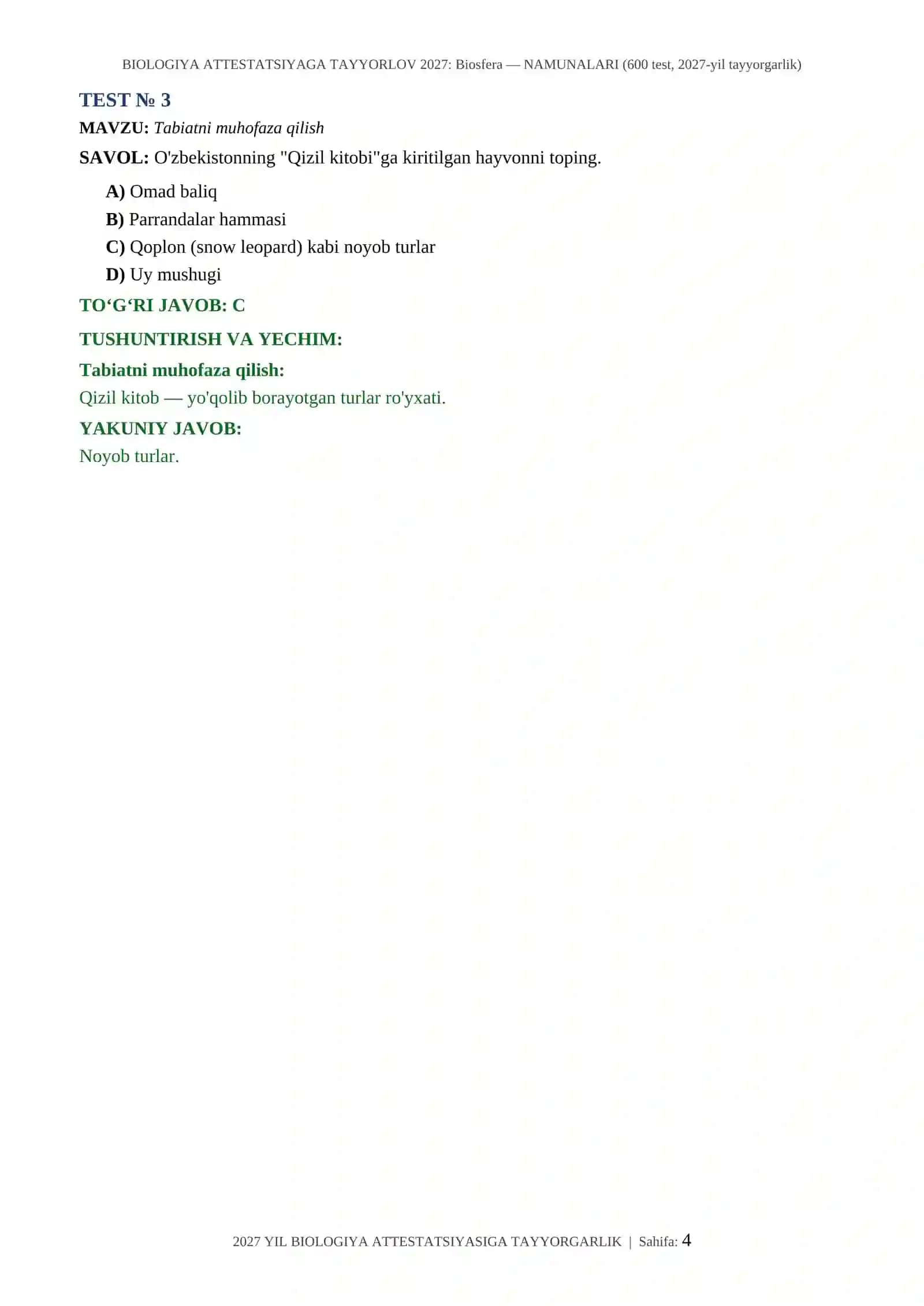 BIOLOGIYA ATTESTATSIYAGA TAYYORLOV 2027: Biosfera — NAMUNALARI (600 test, 2027-yil tayyorgarlik) 4