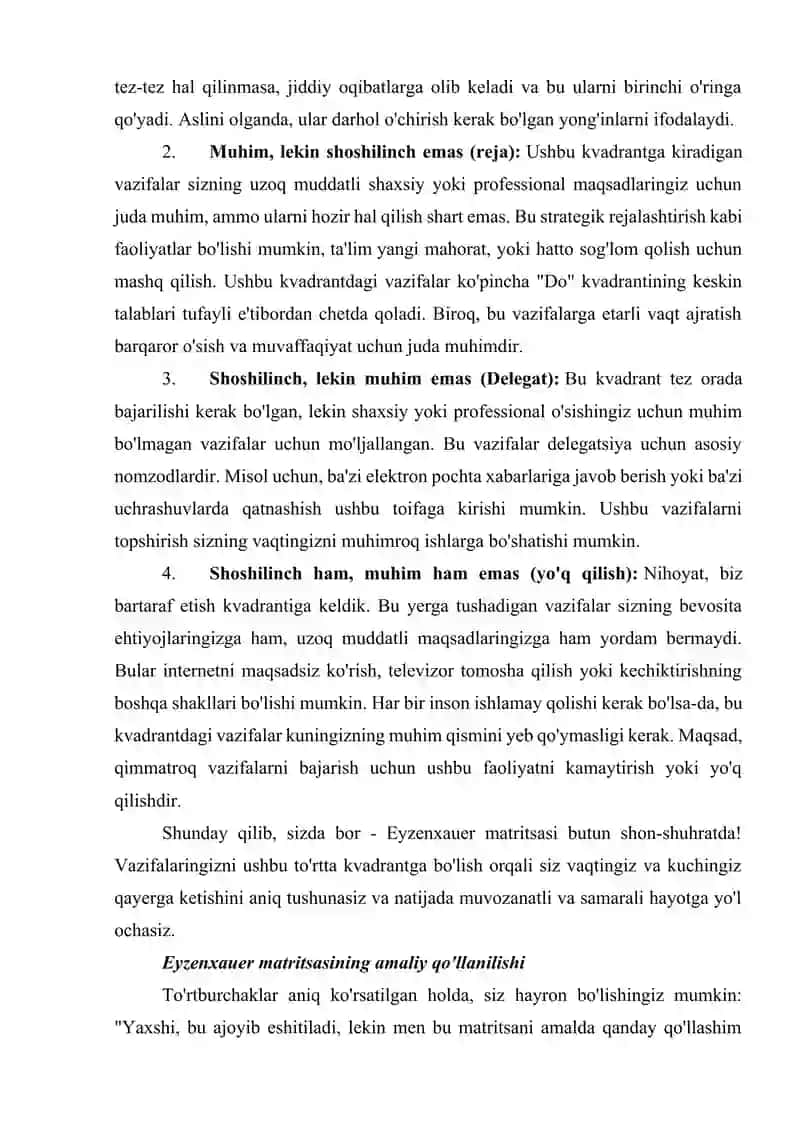 Ma'ruza - Vaqtni boshqarishda “Eyzenhower Matrix” (muhim va shoshilinch ishlarni ajratish) amaliyoti. 4