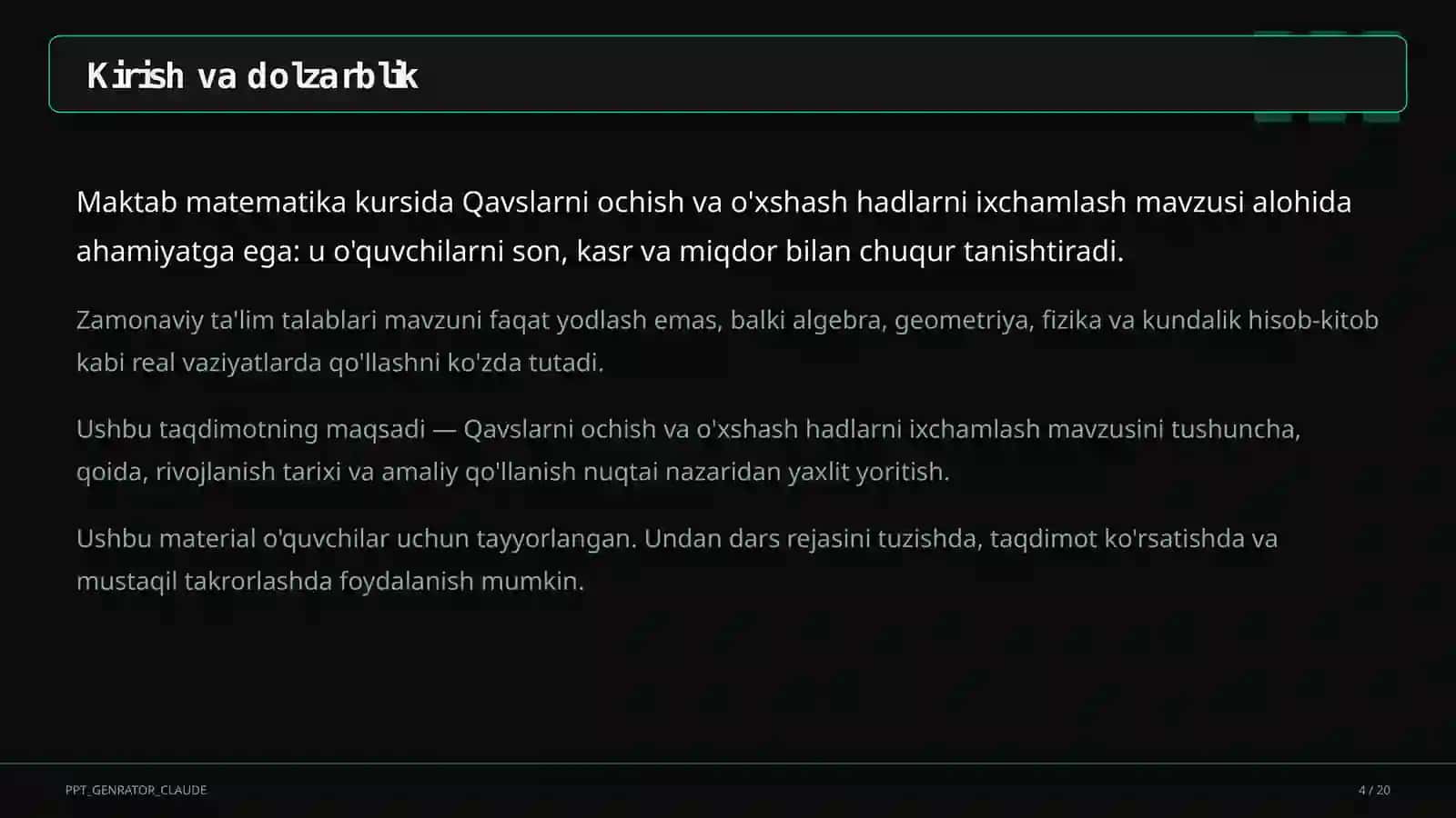 Qavslarni ochish va o'xshash hadlarni ixchamlash (6-sinf) 4