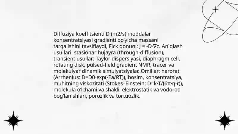 Koʻchish hodisalari. Diffuziya, issiqlik oʻtkazuvchanlik va qovushqoqlik 4