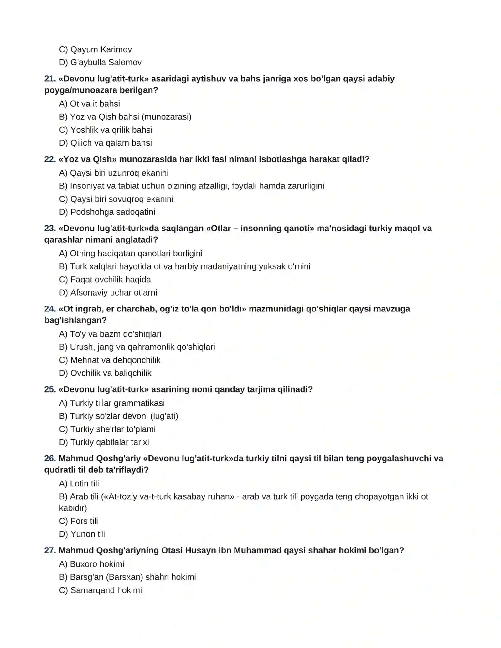 Mahmud Qoshgʻariy va «Devonu lugʻatit-turk» asari bo'yicha 60 test va javoblari(adabiyot) 4