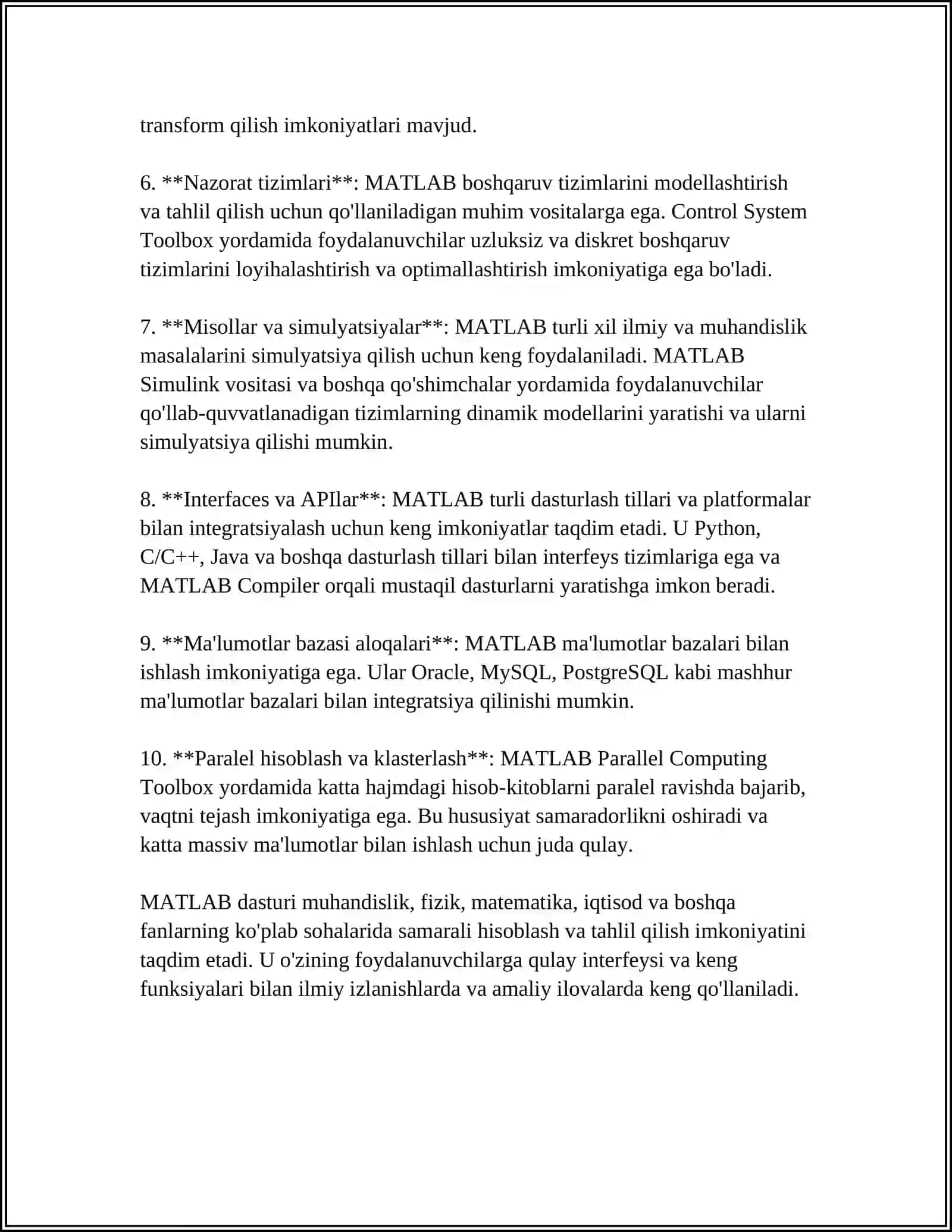MATLAB dasturi haqida ma'lumotlar 4