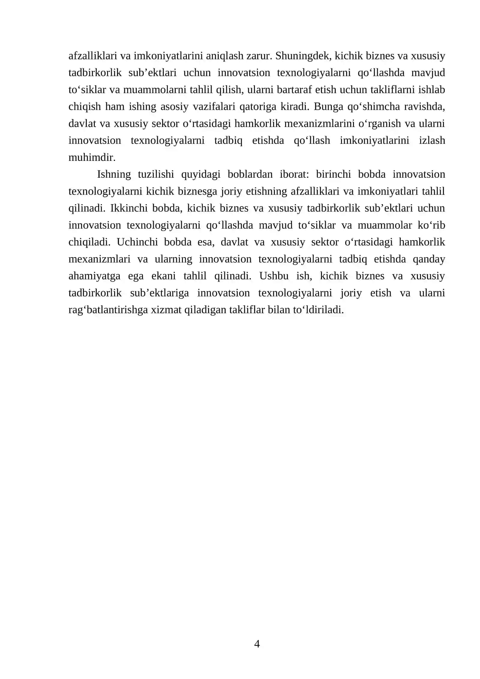 Kichik biznes va xususiy tadbirkorlik sub’ektlariga innovatsion texnologiyalarni tadbiq etishni rag’batlantirish mexanizmini tashkil etish 4