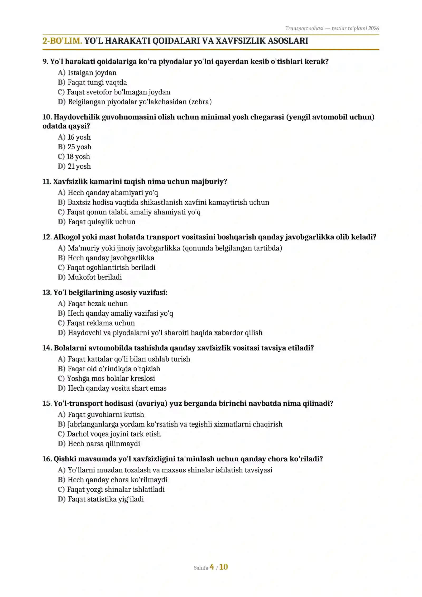 Transport sohasi davlat organlariga ishga kirish sinoviga tayyorgarlik testlari 4