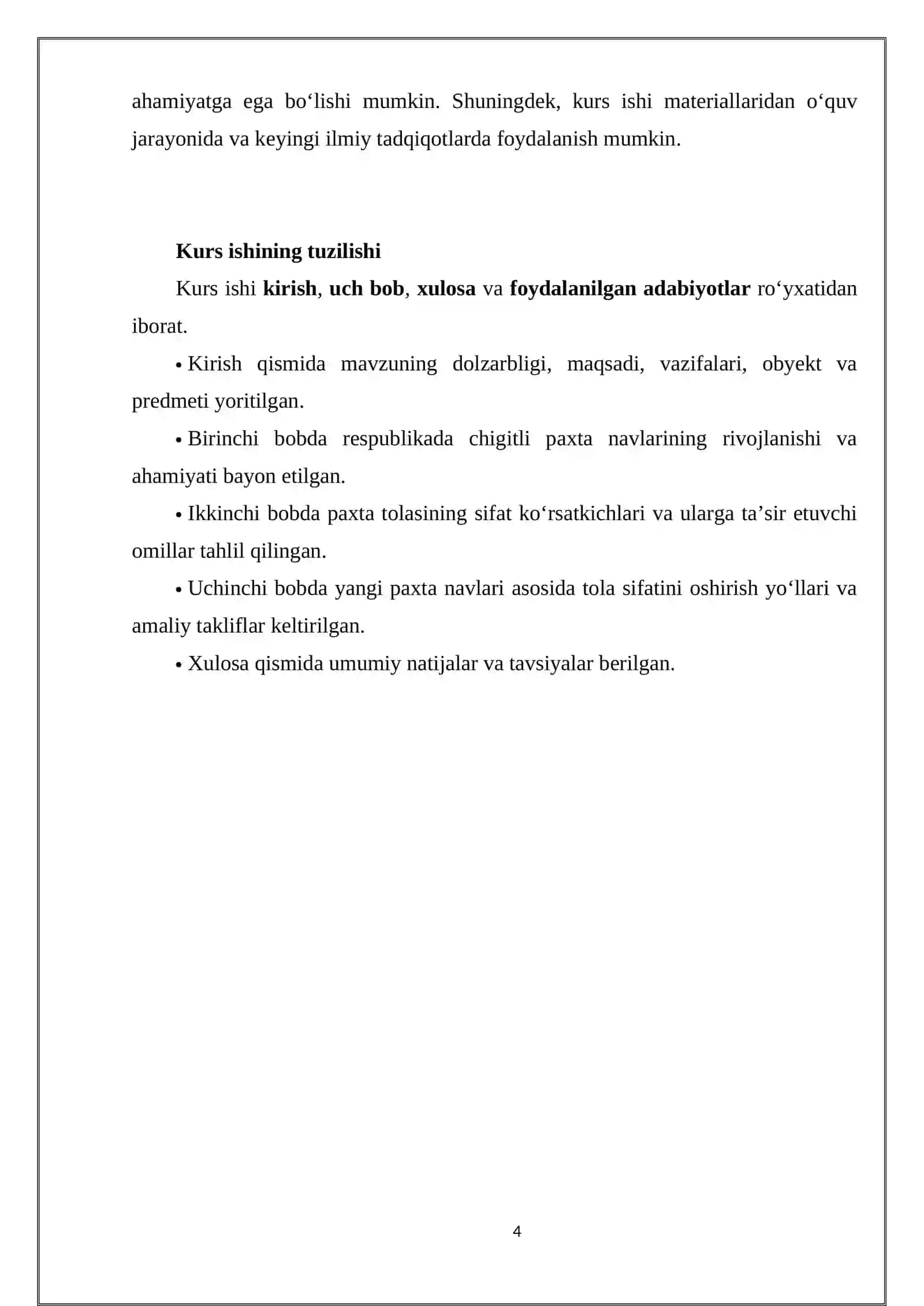 RESPUBLIKAMIZDA CHIGITLI PAXTANING YANGI NAVLARINI VA TOLASINING SIFAT KO‘RSATKICHLARINI O‘RGANISH 4