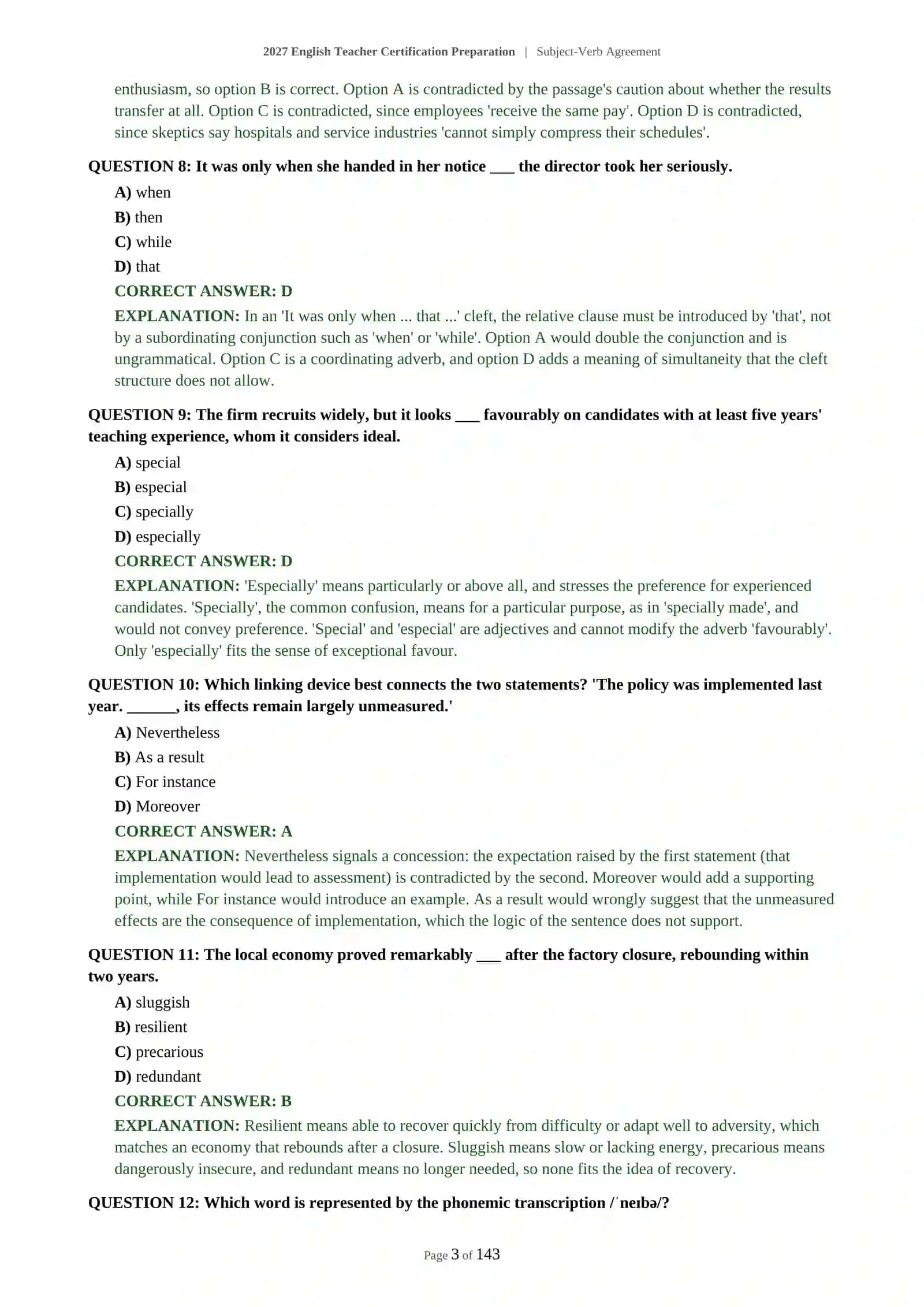 ENGLISH LANGUAGE TEACHER ASSESSMENT - SUBJECT-VERB AGREEMENT - 2027 CERTIFICATION PREPARATION (600 QUESTIONS) 4