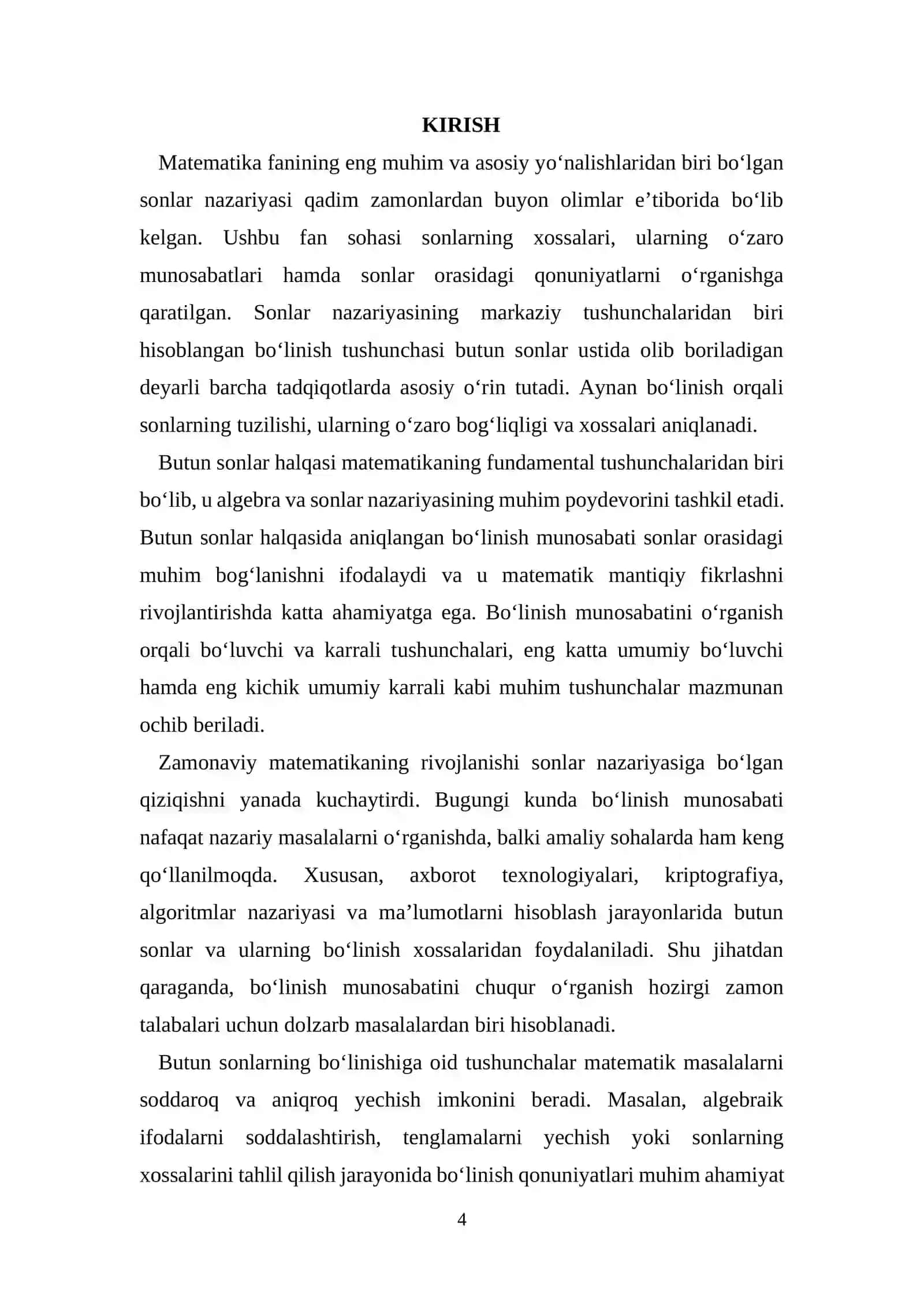 Algebra - "Butun sonlar halqasida bo‘linish munosabatlari" mavzusidagi KURS ISHI 4