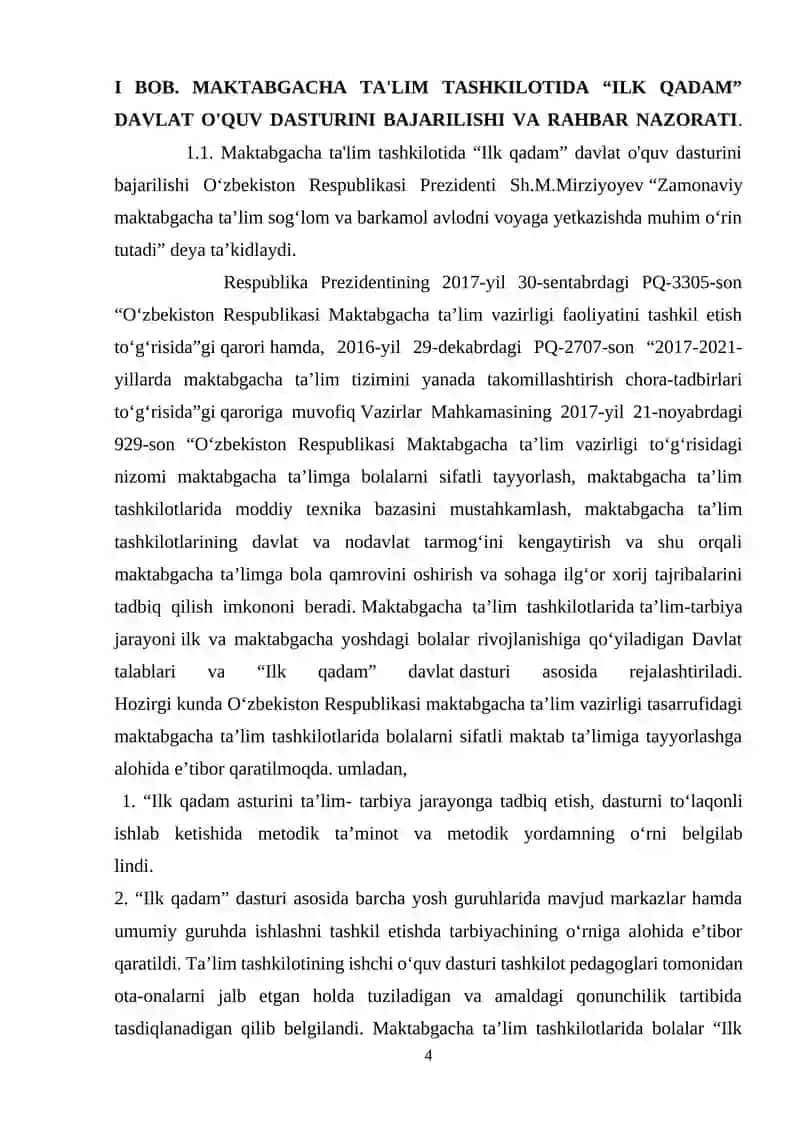 ILK QADAM"DAVLAT O’QUV DASTURI ASOSIDA MAKTABGACHA TA’LIM TASHKILOTLARIDA FAOLIYAT MARKAZLARIDA TA’LIM JARAYONLARINI TASHKILLASH 4