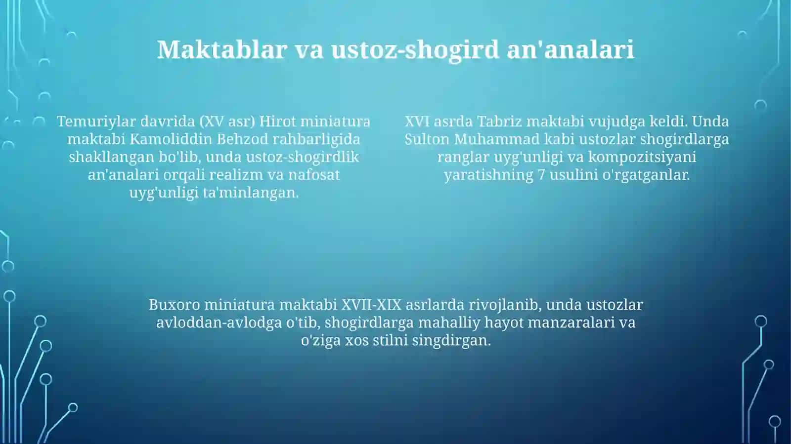 Miniatyura fanining nazariy asoslari, qonuniyatlari, maktablari, ustoz-shogird an'analarini yoritish 4