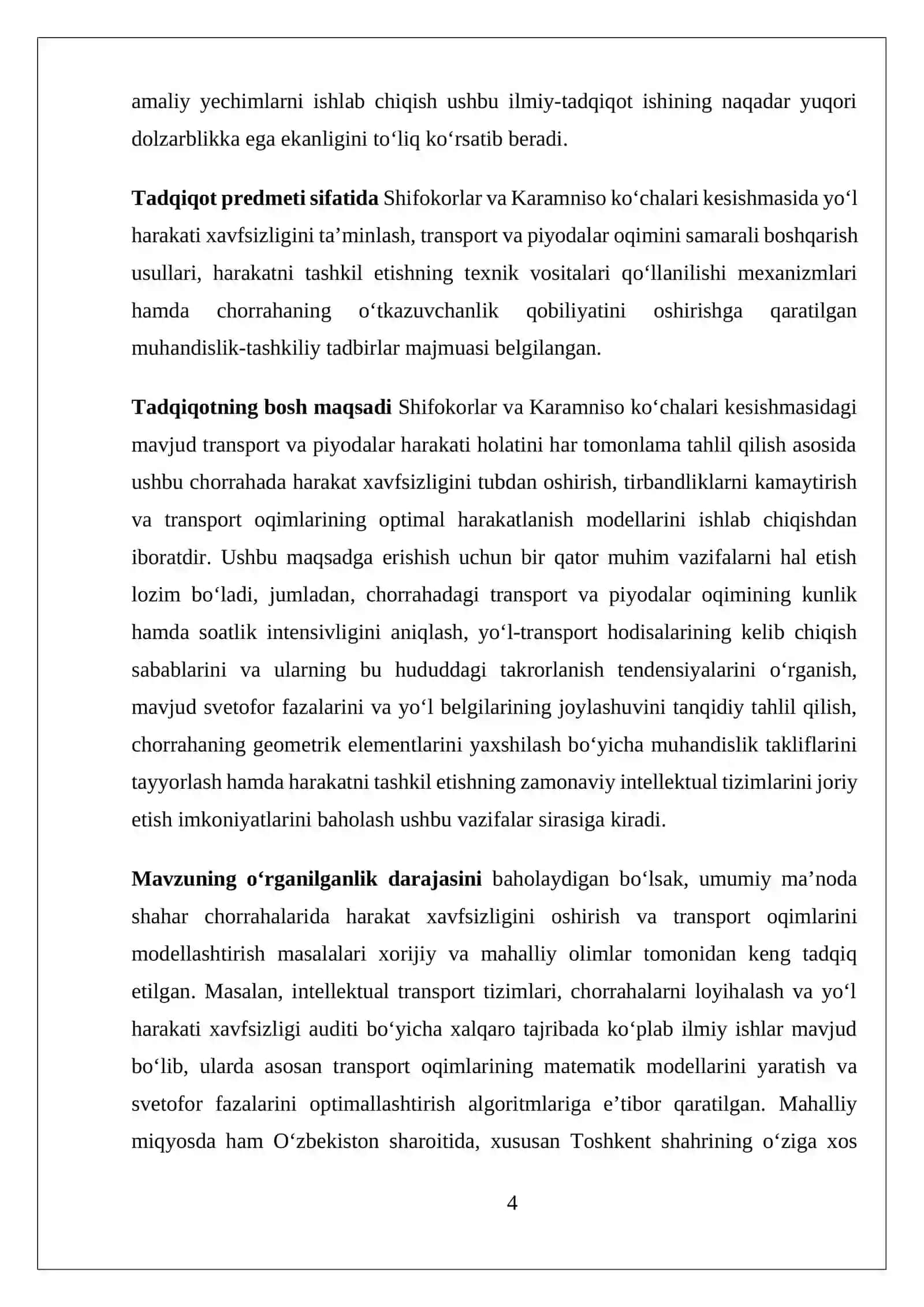 CHORRAHADA HARAKAT XAVFSIZLIGINI OSHIRISH YO‘LLARI (SHIFOKOR-KARAMNISO KO‘CHALARI KESISHMASI MISOLIDA) Diplom ishi 4