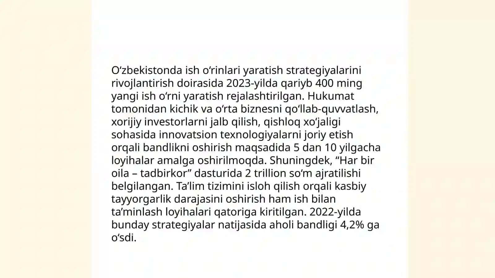 Ishsizlikning oldini olish, inflyatsiya va antinflyatsion siyosat bo‘yicha davlatiimizda olib borilayotgan islohotlarni tahlil qilish 4