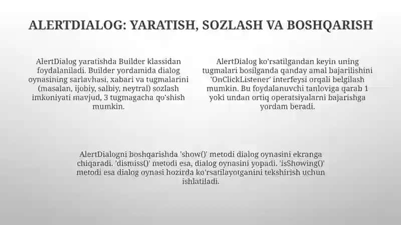 Dialoglar bilan tanishuv: AlertDialog, ProgressDialog, DatePickerDialog va TimePickerDialog 4