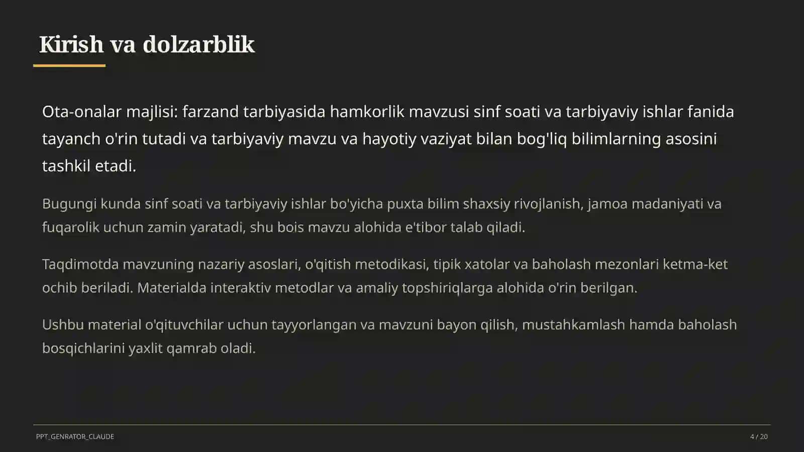 Sinf soati va tarbiyaviy tadbirlar (1–11) — o'qituvchilar uchun 4