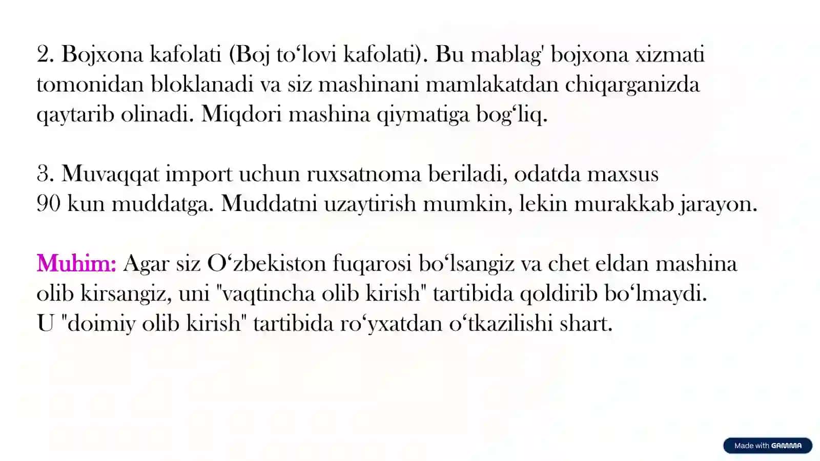 Oʻzbekistonga transport vositasini olib oʻtish 4