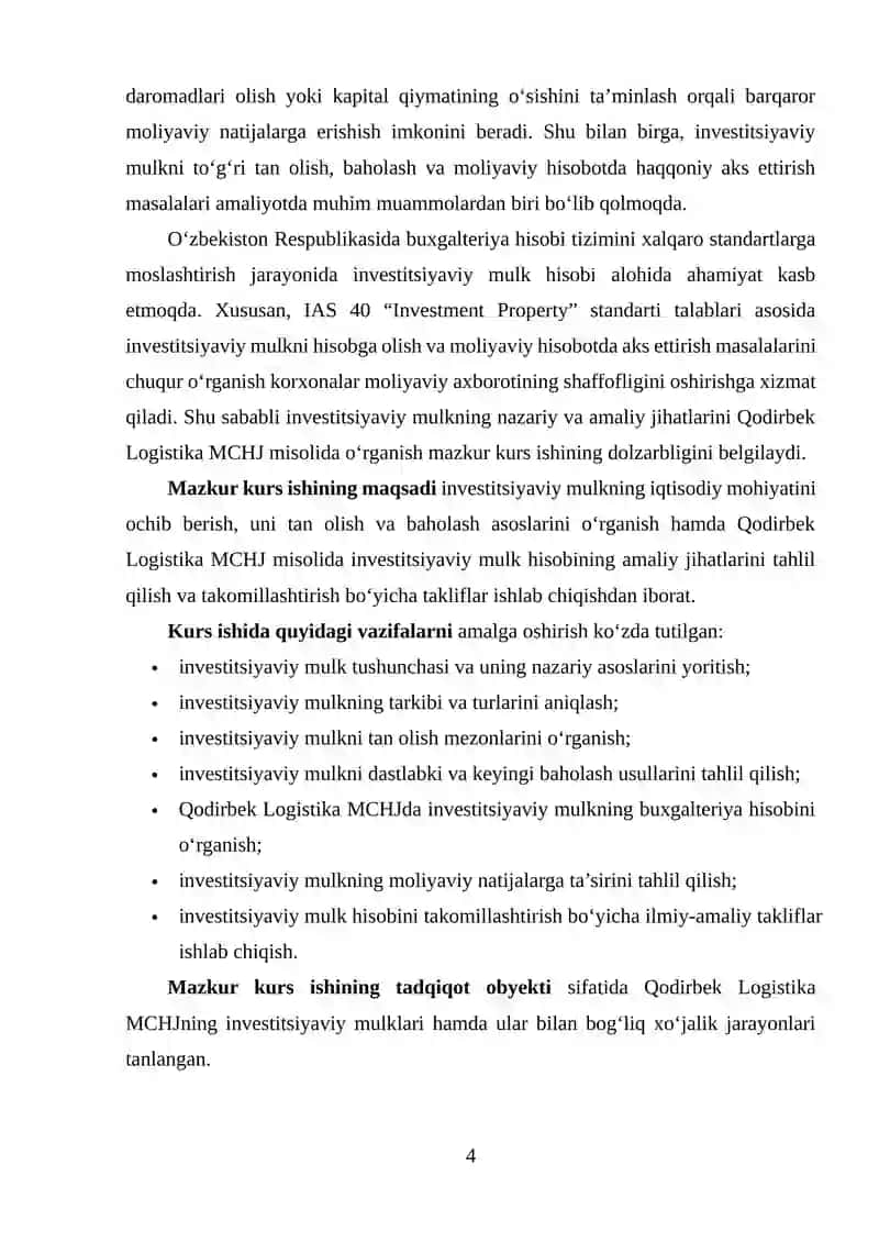 Investisiyaviy mulk (investment property)ning tarkibi, tan olish, baholash va moliyaviy hisobot (Qodirbek Logistika MCHJ misolida) 4