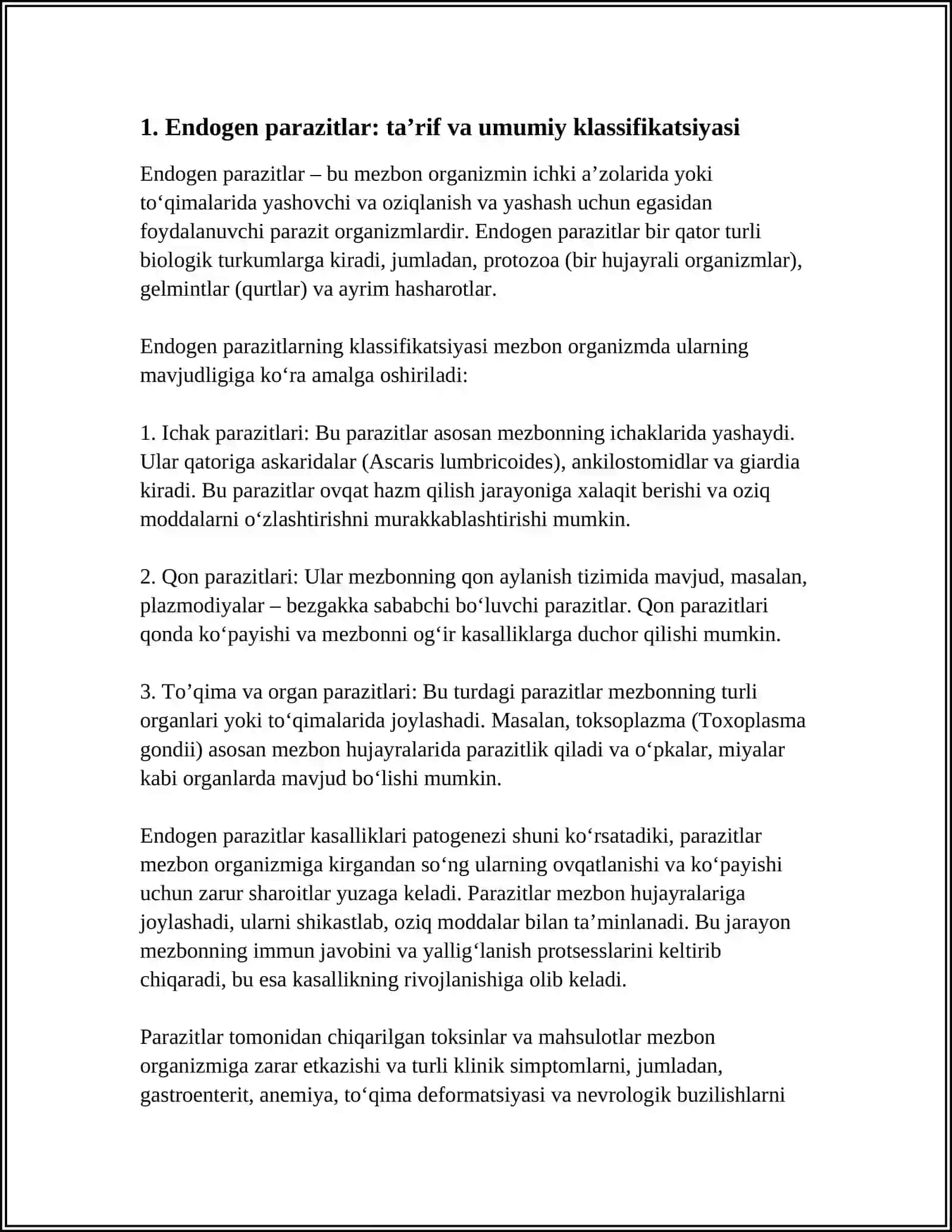 ENDOGEN PARAZITLAR KASALLIKLAR,KLASIFIKATSIYASI,PATOGENEZI,LABARATORIYA TASHXISI 4