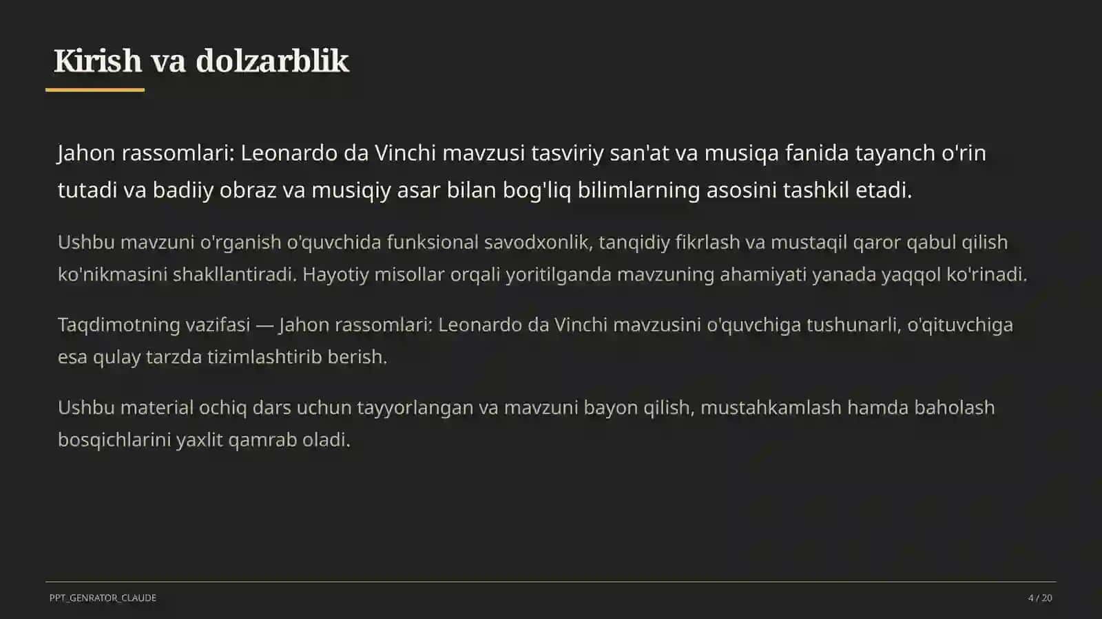 Tasviriy san'at va musiqa (1–7) — ochiq dars uchun 4