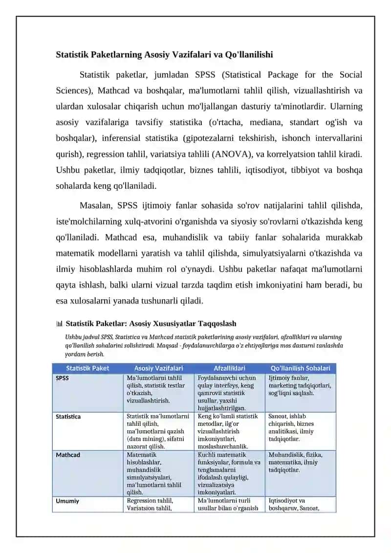 Statistik dasrurlar paketi.(Statistik SPSS Mathcad).Yechimlarning statistik va grafik tahlili 4