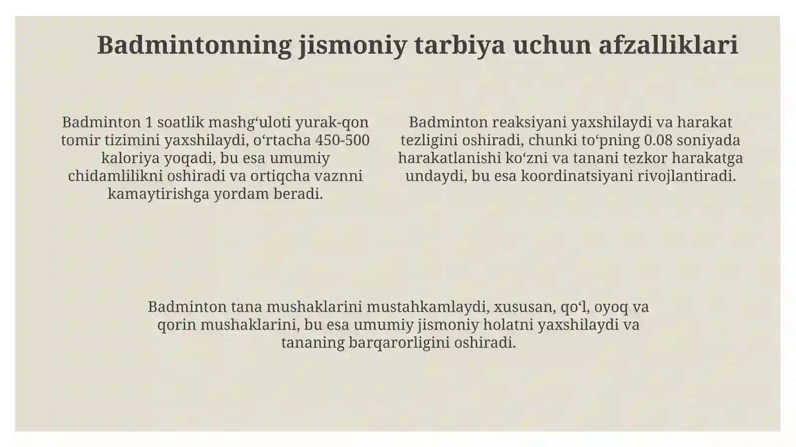 Badminton sporti jismoniy tarbiya darslariga integratsiya qilish 4