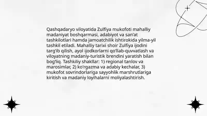Qashqadaryo viloyati Zulfiya mukofoti haqida umumiy ma'lumot 4