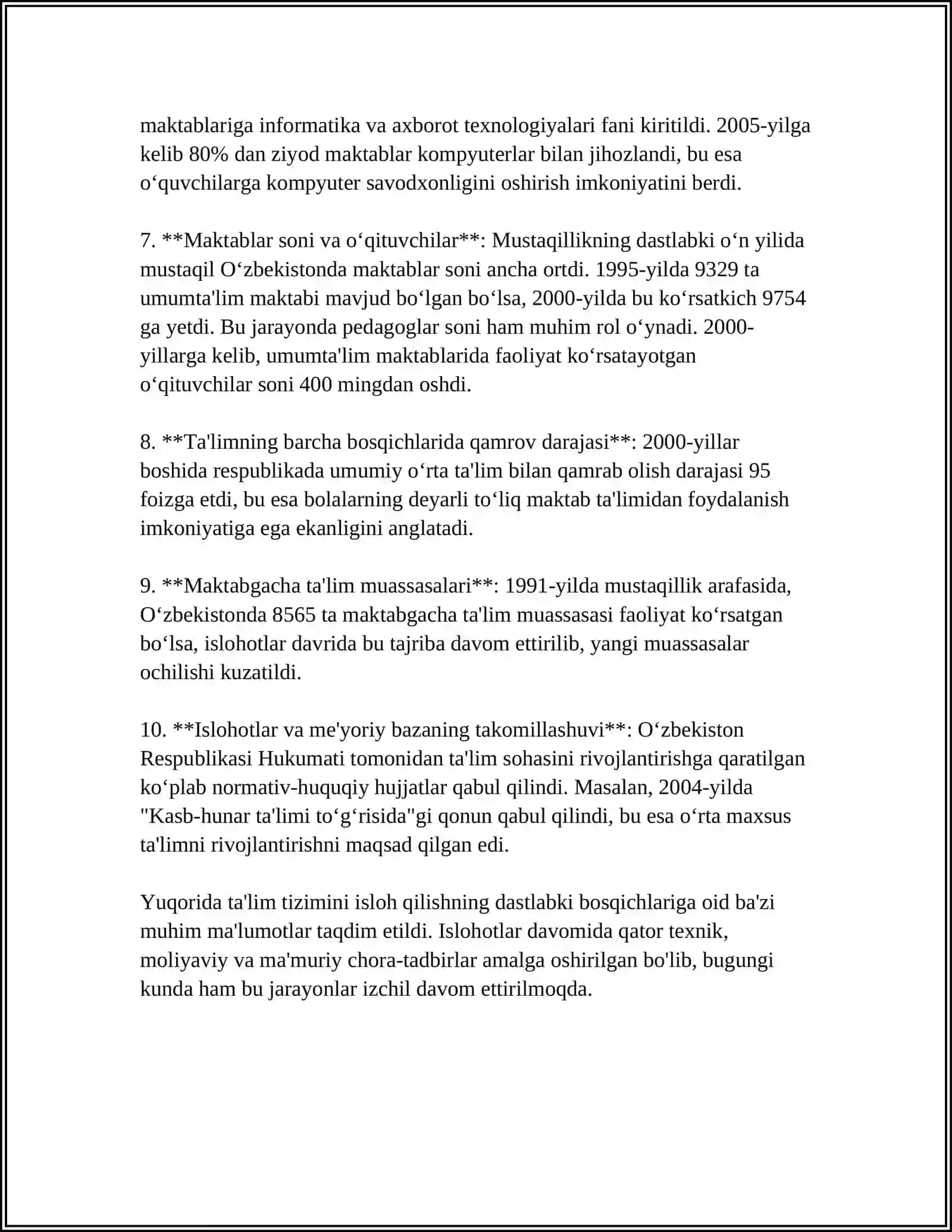 MUSTAQILLIK YILLARIDA OʻZBEKISTONDA TAʼLIM SOHASIDAGI ISLOHOTLAR 4