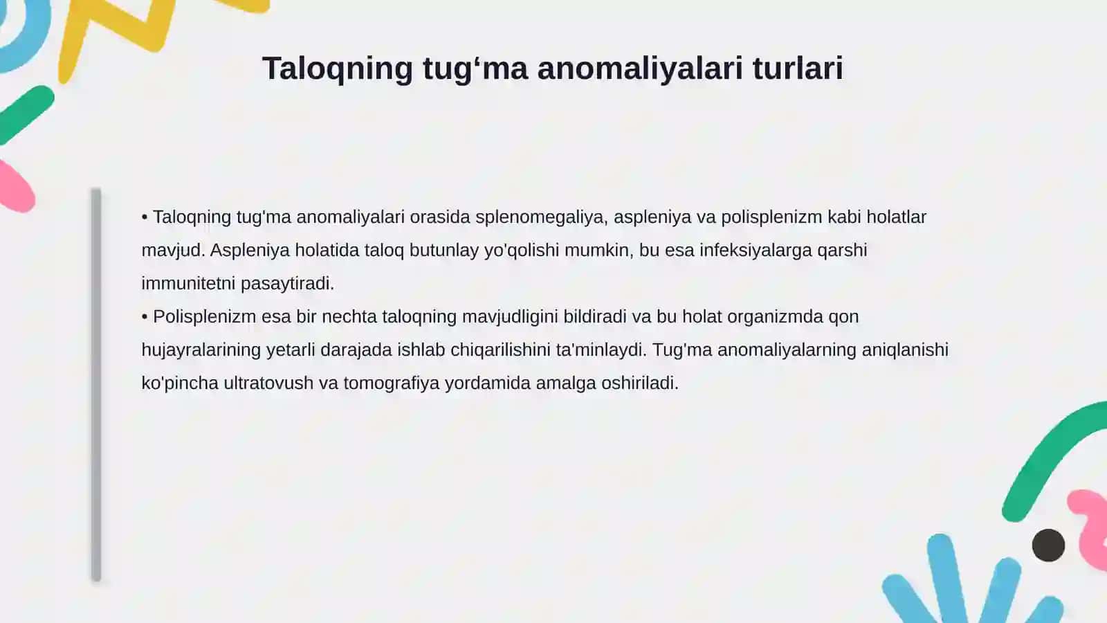 Patologik anatomiya fanidan Taloqning tugʻma anomaliyalari va oʻsmalari.Timusning rivojlanish buzilishlari 4