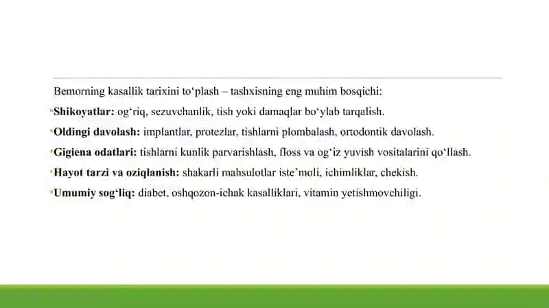 TADQIQOTNING ASOSIY USULLARI. MA’LUMOTLARNI TO‘PLASH (ANAMNEZ). BEMORNI TASHQI TEKSHIRUVI. MUSHAKLAR, LIMFA TUGUNLARI VA SULAK BEZLARINI PAYPASLASH. OG‘IZ BUSHLIG’INI TEKSHIRISH. TISH VA TISHLAR QATORINI TEKSHIRISH XUSUSIYATLARI. PATOLOGIK TISH CHO‘NTAGINING CHUQURLIGINI ANIQLASH. PATOLOGIK TISH QIMIRLASHI, UNING DARAJALARI. PERKUSSIYA TURLARI. TISH QIMIRLASHI VA IMPLANTAT BARQARORLIGINI ANIQLASH USULLARI 4