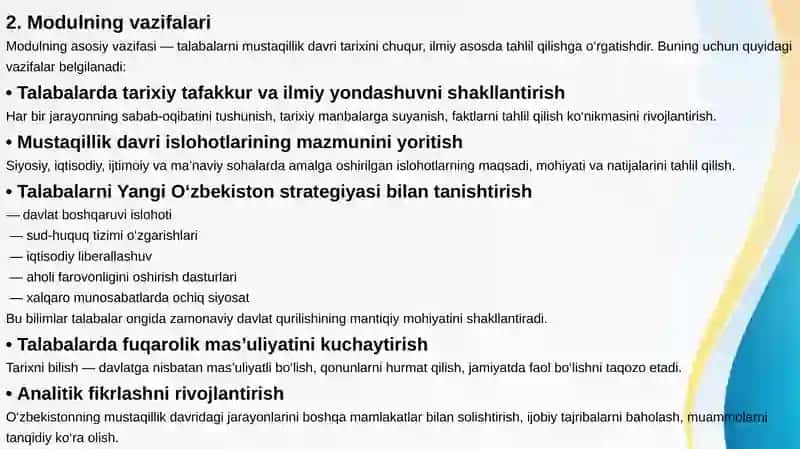“O‘zbekistonning eng yangi tarixi” modulining predmeti, vazifalari va nazariy-metodologik tamoyillari 4