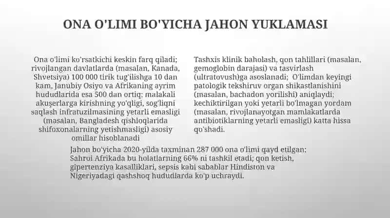 Onalar o’limi muommosi, sabablari, rivojlanishi va patomorfologik belgilari. Diagnostikasi 4