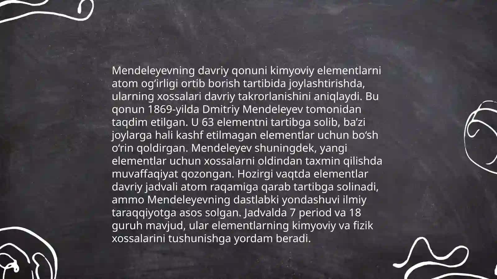 D. Mendelevey davriy qonuni va sestemasi 4