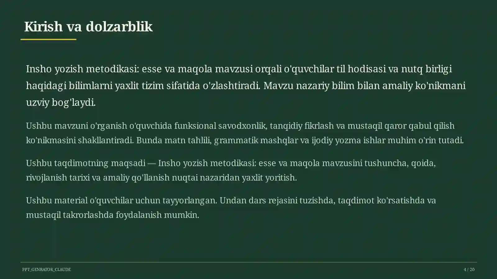 Insho yozish metodikasi: esse va maqola (11-sinf) 4