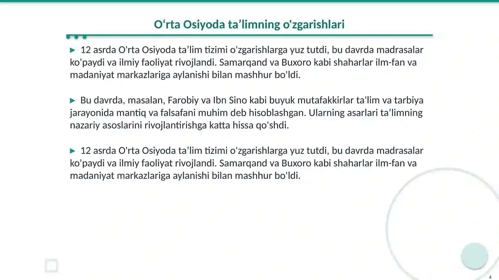 Qadimgi davrlardan 12 asrgacha taʼlim tarbiya va pedagogik fikrlar 4