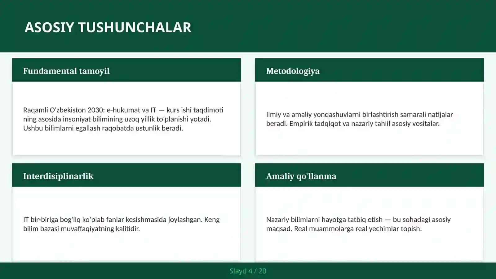 Raqamli O'zbekiston 2030: E-Hukumat va IT — Kurs ishi taqdimoti 4