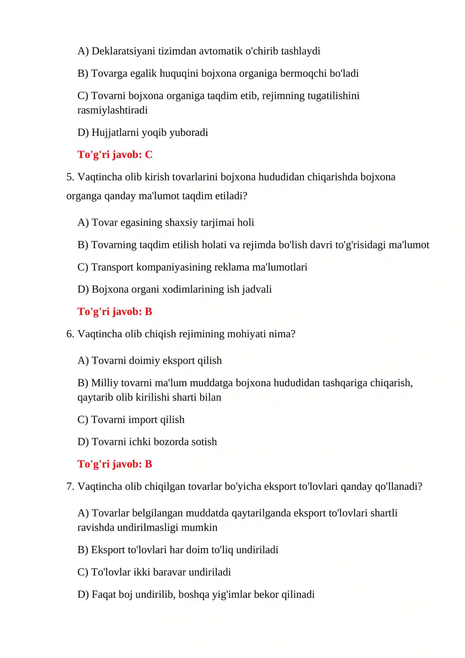 Bojxona rejimlari bo'yicha 300 ta test 4